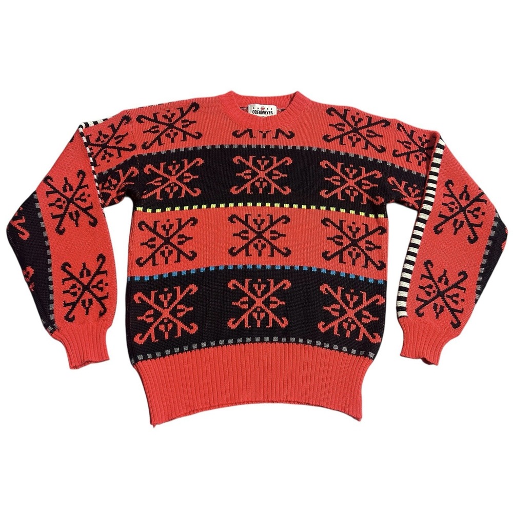 Vintage Obermeyer Sport Sweater Wool Blend Knit Nordic Ski Medium Neon Snowflake